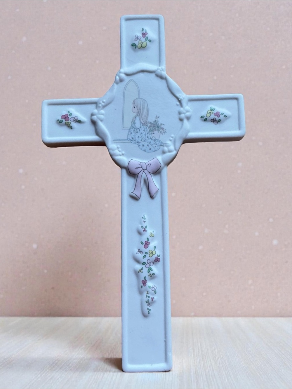 Precious Moments Pastel Pink and White Porcelain Cross